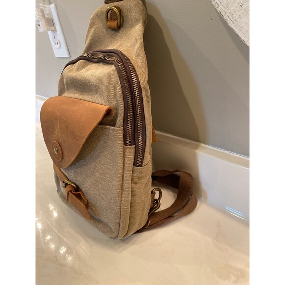 KL928 Canvas & Leather Bag Sling Crossbody Backpack Purse Multi compartment - Picture 3 of 12